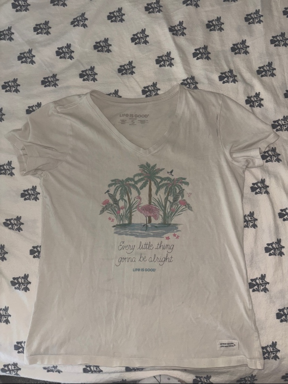 Life Is Good White V-Neck Tee with Pink & Green Flamingo Graphic